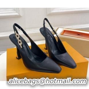 Good Product Louis Vuitton Sparkle Slingback Pumps 9.5cm with Chain Charm in Calf Leather Black 105139