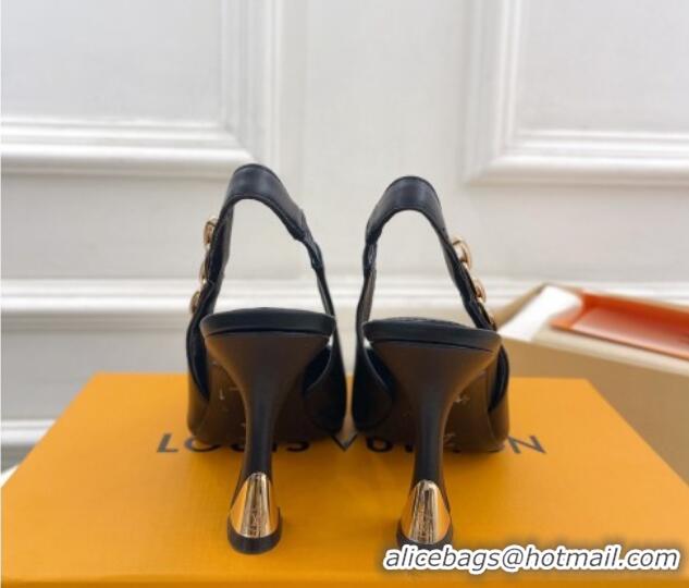 Good Product Louis Vuitton Sparkle Slingback Pumps 9.5cm with Chain Charm in Calf Leather Black 105139