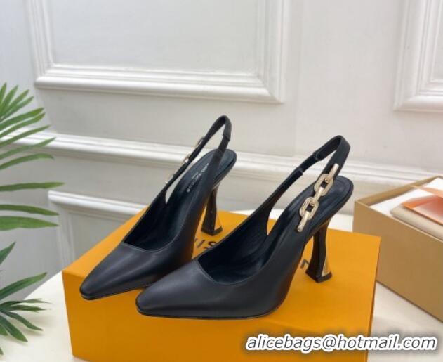 Good Product Louis Vuitton Sparkle Slingback Pumps 9.5cm with Chain Charm in Calf Leather Black 105139