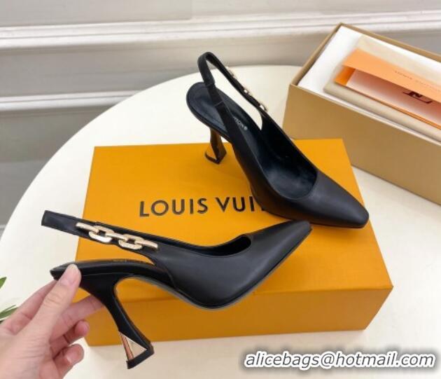 Good Product Louis Vuitton Sparkle Slingback Pumps 9.5cm with Chain Charm in Calf Leather Black 105139