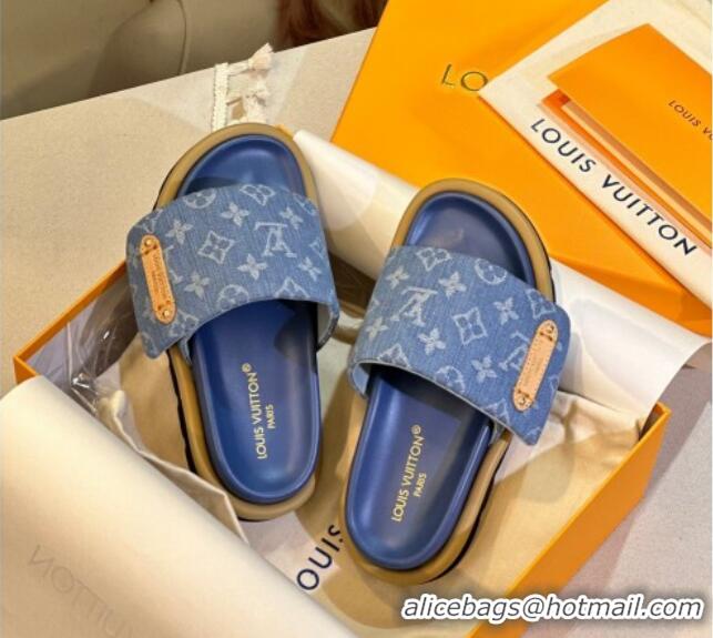 Big Discount Louis Vuitton Pool Pillow Flat Comfort Slide Sandals in Monogram Denim Blue 105150