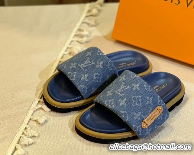 Big Discount Louis Vuitton Pool Pillow Flat Comfort Slide Sandals in Monogram Denim Blue 105150