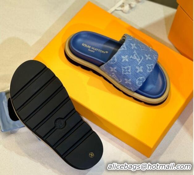 Big Discount Louis Vuitton Pool Pillow Flat Comfort Slide Sandals in Monogram Denim Blue 105150