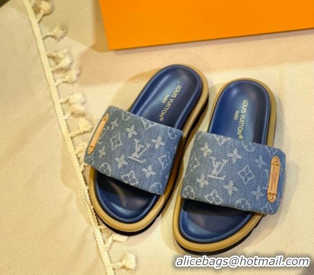 Big Discount Louis Vuitton Pool Pillow Flat Comfort Slide Sandals in Monogram Denim Blue 105150