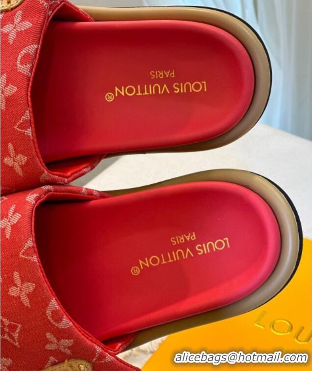 Low Price Louis Vuitton Pool Pillow Flat Comfort Slide Sandals in Monogram Denim Red 105151