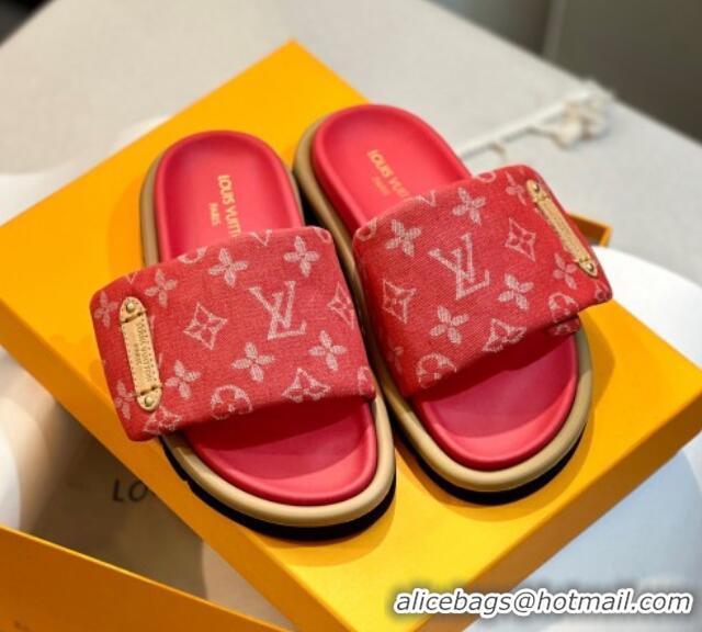 Low Price Louis Vuitton Pool Pillow Flat Comfort Slide Sandals in Monogram Denim Red 105151