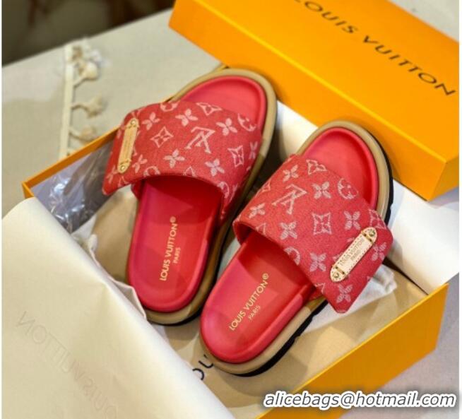 Low Price Louis Vuitton Pool Pillow Flat Comfort Slide Sandals in Monogram Denim Red 105151