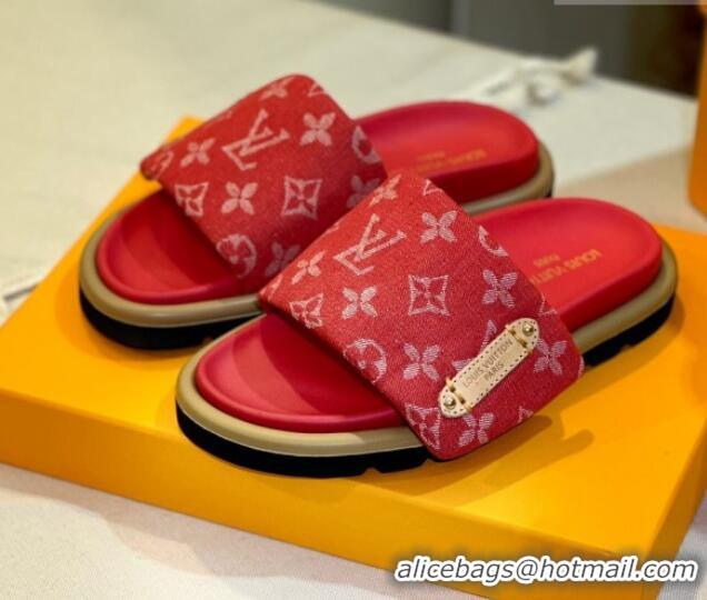 Low Price Louis Vuitton Pool Pillow Flat Comfort Slide Sandals in Monogram Denim Red 105151