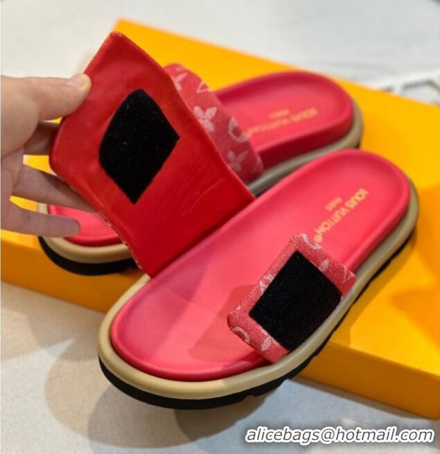 Low Price Louis Vuitton Pool Pillow Flat Comfort Slide Sandals in Monogram Denim Red 105151