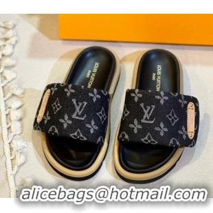 Luxury Discount Louis Vuitton Pool Pillow Flat Comfort Slide Sandals in Monogram Denim Black 0105153