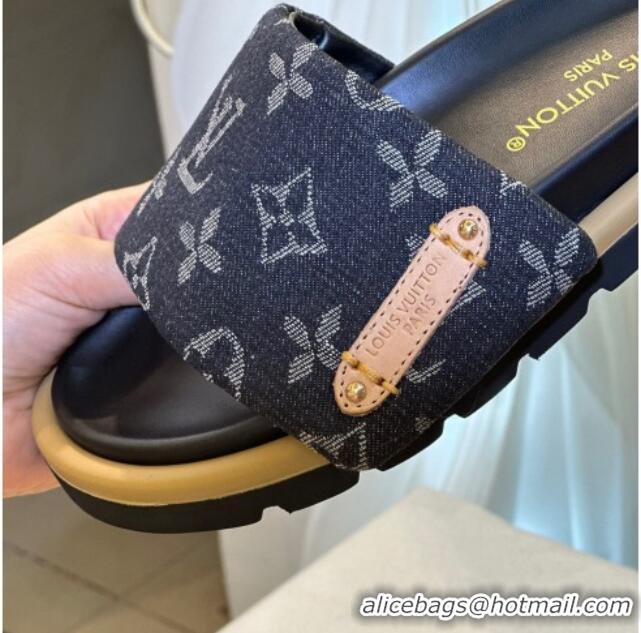 Luxury Discount Louis Vuitton Pool Pillow Flat Comfort Slide Sandals in Monogram Denim Black 0105153