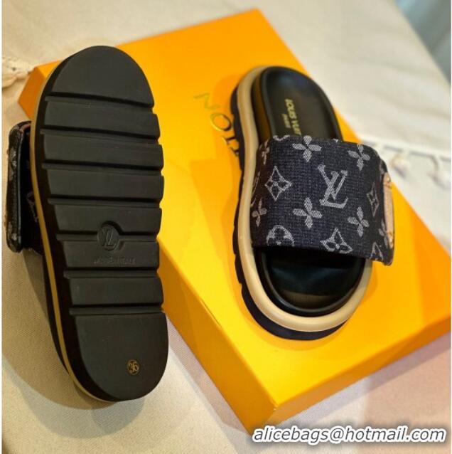 Luxury Discount Louis Vuitton Pool Pillow Flat Comfort Slide Sandals in Monogram Denim Black 0105153