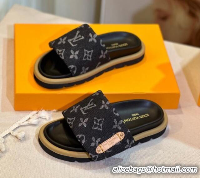 Luxury Discount Louis Vuitton Pool Pillow Flat Comfort Slide Sandals in Monogram Denim Black 0105153