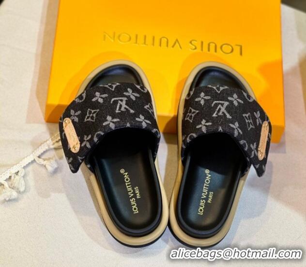 Luxury Discount Louis Vuitton Pool Pillow Flat Comfort Slide Sandals in Monogram Denim Black 0105153