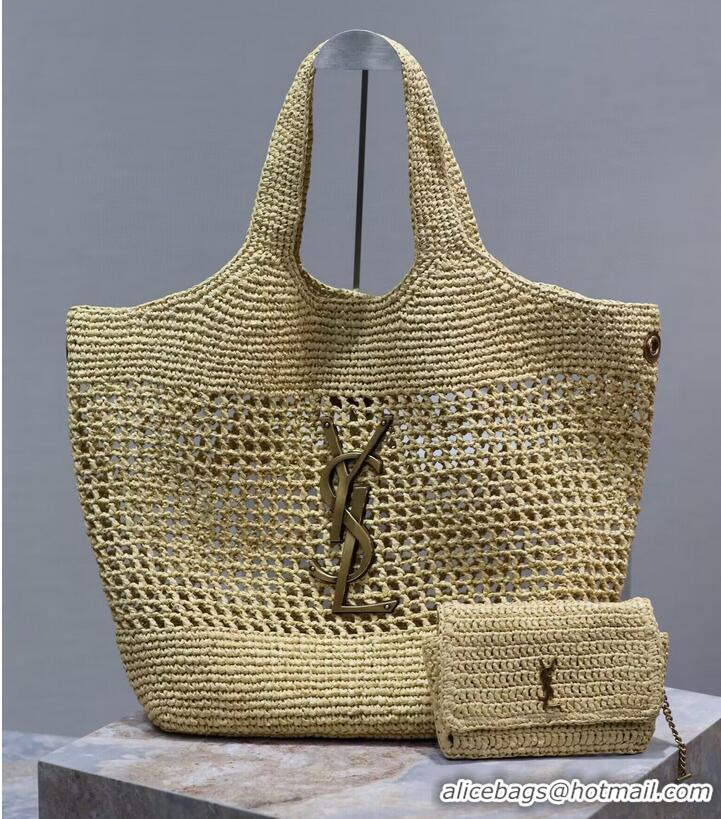 Famous Brand Yves Saint Laurent ICARE MAXI WOVEN SHOPPING BAG 698651 Apricot