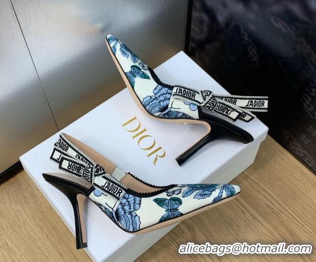 Unique Style Dior J'Adior Slingback Pumps 9.5cm in White and Pastel Midnight Blue Toile de Jouy Mexico Embroidery 202001