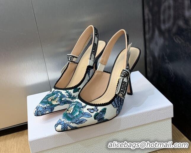 Unique Style Dior J'Adior Slingback Pumps 9.5cm in White and Pastel Midnight Blue Toile de Jouy Mexico Embroidery 202001