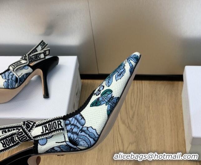 Unique Style Dior J'Adior Slingback Pumps 9.5cm in White and Pastel Midnight Blue Toile de Jouy Mexico Embroidery 202001