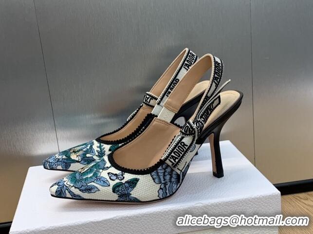 Unique Style Dior J'Adior Slingback Pumps 9.5cm in White and Pastel Midnight Blue Toile de Jouy Mexico Embroidery 202001