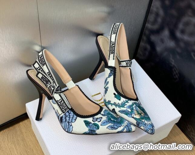 Unique Style Dior J'Adior Slingback Pumps 9.5cm in White and Pastel Midnight Blue Toile de Jouy Mexico Embroidery 202001