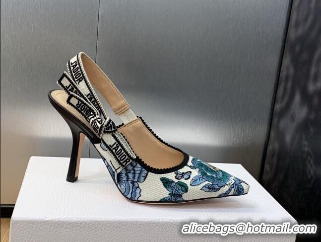 Unique Style Dior J'Adior Slingback Pumps 9.5cm in White and Pastel Midnight Blue Toile de Jouy Mexico Embroidery 202001