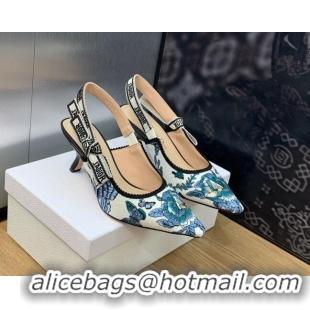 Perfect Dior J'Adior Slingback Pumps 6.5cm in White and Pastel Midnight Blue Toile de Jouy Mexico Embroidery 202002