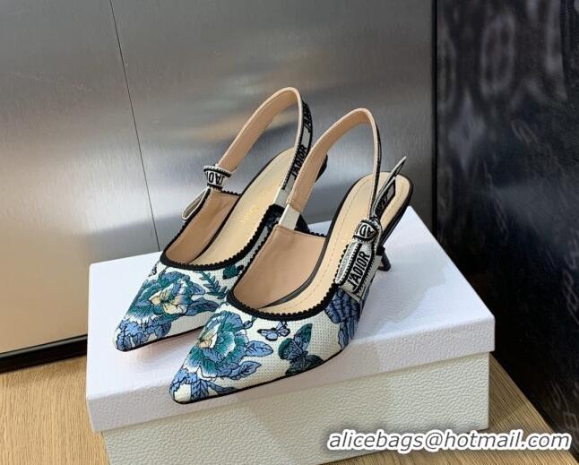 Perfect Dior J'Adior Slingback Pumps 6.5cm in White and Pastel Midnight Blue Toile de Jouy Mexico Embroidery 202002