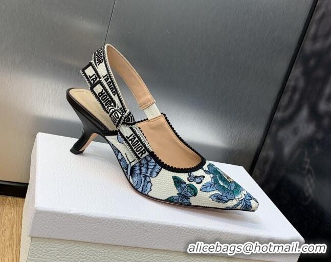 Perfect Dior J'Adior Slingback Pumps 6.5cm in White and Pastel Midnight Blue Toile de Jouy Mexico Embroidery 202002