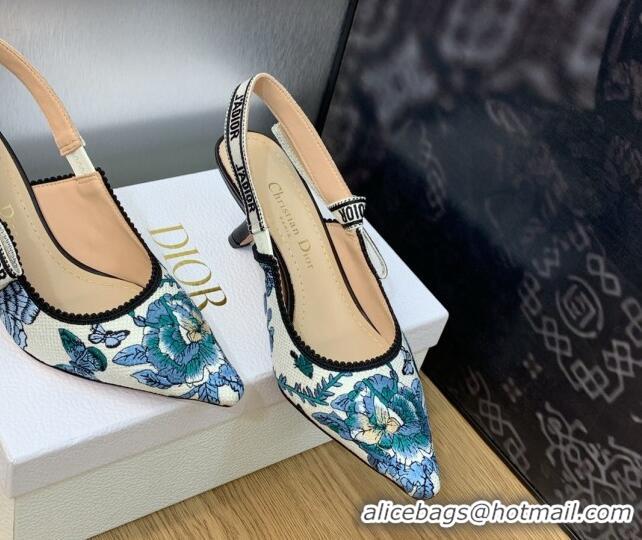 Perfect Dior J'Adior Slingback Pumps 6.5cm in White and Pastel Midnight Blue Toile de Jouy Mexico Embroidery 202002