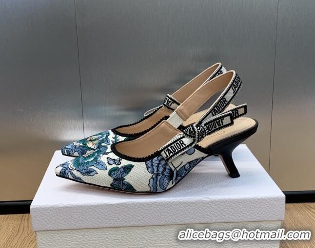 Perfect Dior J'Adior Slingback Pumps 6.5cm in White and Pastel Midnight Blue Toile de Jouy Mexico Embroidery 202002