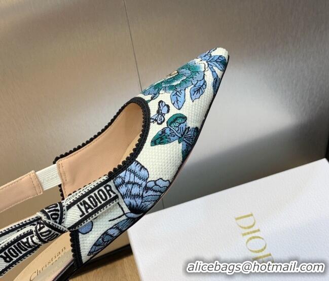 Grade Dior J'Adior Slingback Ballet Flat in White and Pastel Midnight Blue Toile de Jouy Mexico Embroidery 202003