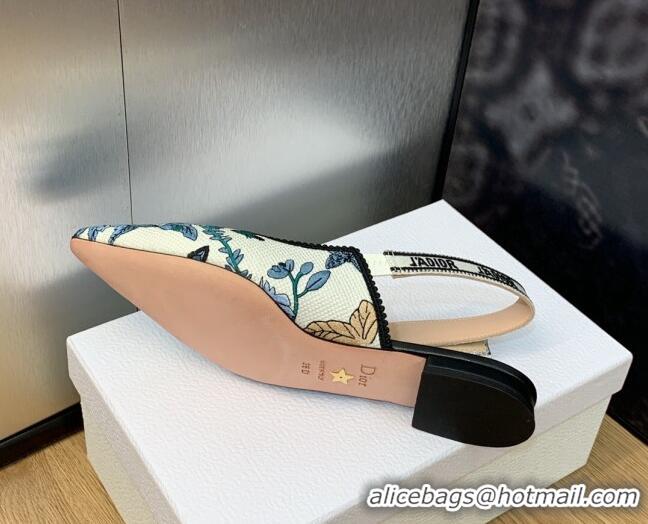 Grade Dior J'Adior Slingback Ballet Flat in White and Pastel Midnight Blue Toile de Jouy Mexico Embroidery 202003