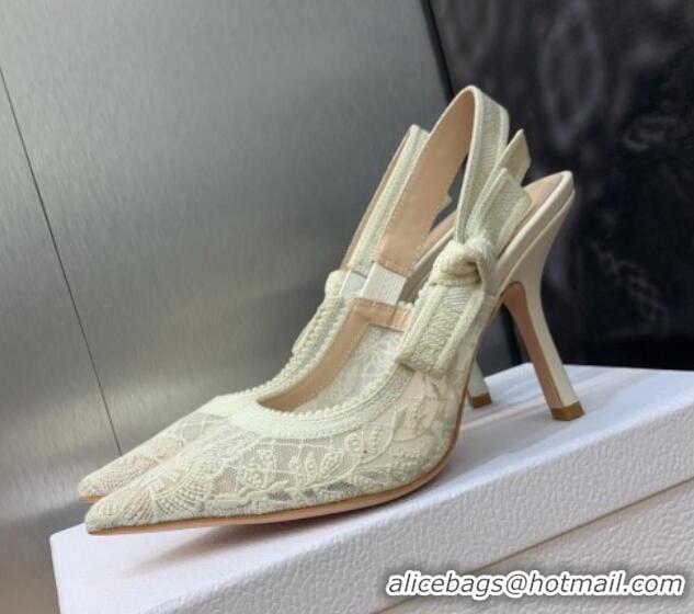 1:1 Dior J'Adior Slingback Pumps 9.5cm in Transparent Mesh Embroidered with White Butterfly Motif 202010