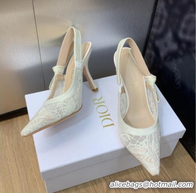 1:1 Dior J'Adior Slingback Pumps 9.5cm in Transparent Mesh Embroidered with White Butterfly Motif 202010