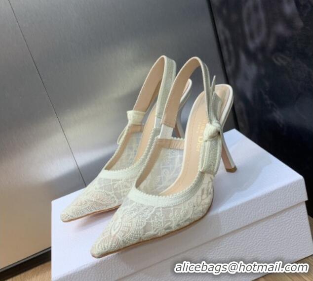 1:1 Dior J'Adior Slingback Pumps 9.5cm in Transparent Mesh Embroidered with White Butterfly Motif 202010