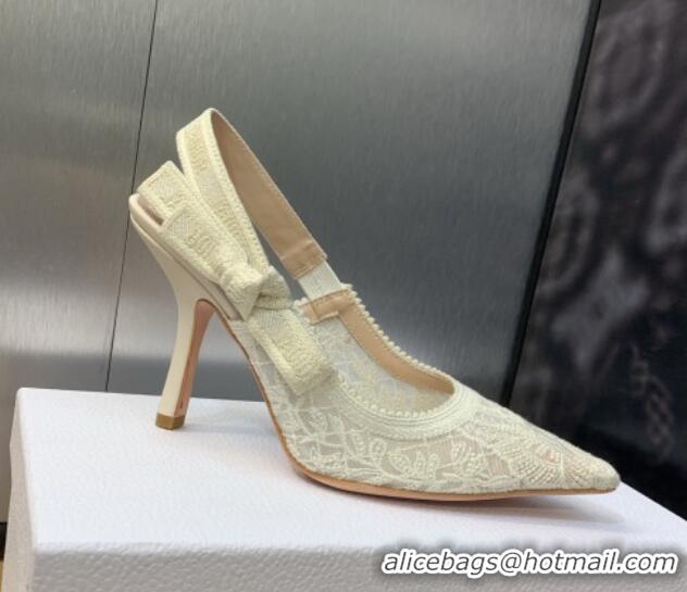 1:1 Dior J'Adior Slingback Pumps 9.5cm in Transparent Mesh Embroidered with White Butterfly Motif 202010