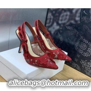 Low Price Dior J'Adior Slingback Pumps 9.5cm in Transparent Mesh Embroidered with Red 3D Macramé-Effect D-Lace Motif 202