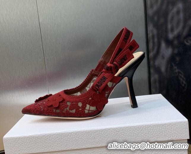 Low Price Dior J'Adior Slingback Pumps 9.5cm in Transparent Mesh Embroidered with Red 3D Macramé-Effect D-Lace Motif 202