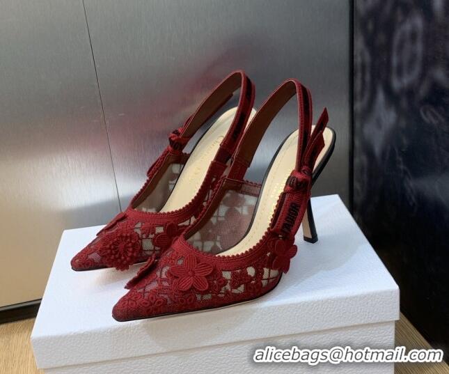 Low Price Dior J'Adior Slingback Pumps 9.5cm in Transparent Mesh Embroidered with Red 3D Macramé-Effect D-Lace Motif 202