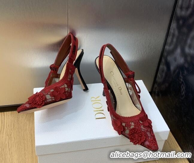 Low Price Dior J'Adior Slingback Pumps 9.5cm in Transparent Mesh Embroidered with Red 3D Macramé-Effect D-Lace Motif 202