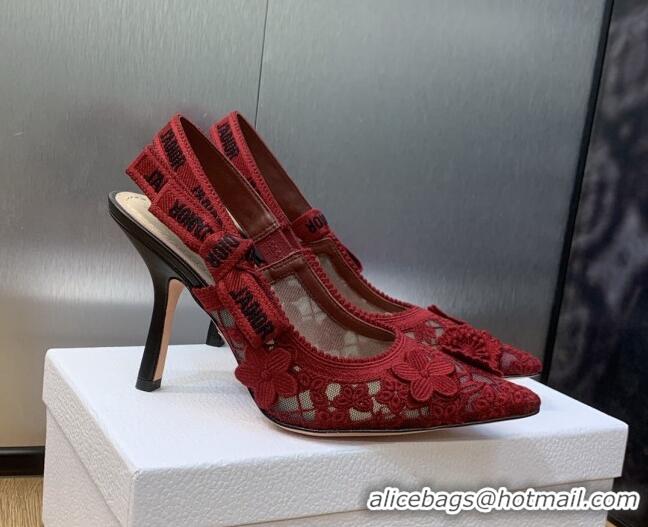 Low Price Dior J'Adior Slingback Pumps 9.5cm in Transparent Mesh Embroidered with Red 3D Macramé-Effect D-Lace Motif 202