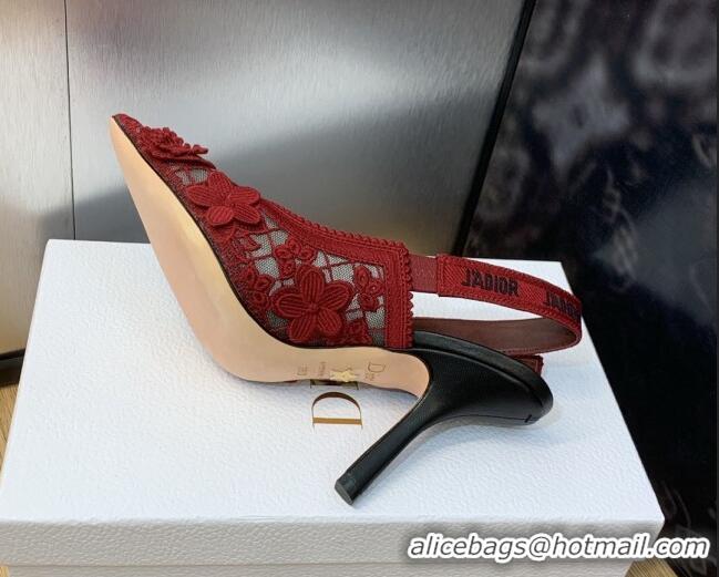 Low Price Dior J'Adior Slingback Pumps 9.5cm in Transparent Mesh Embroidered with Red 3D Macramé-Effect D-Lace Motif 202