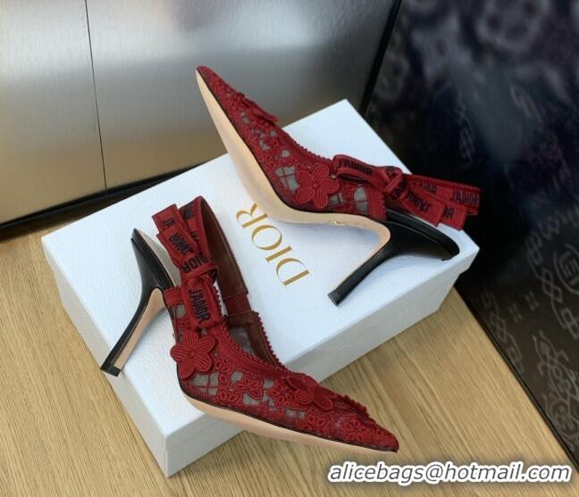 Low Price Dior J'Adior Slingback Pumps 9.5cm in Transparent Mesh Embroidered with Red 3D Macramé-Effect D-Lace Motif 202