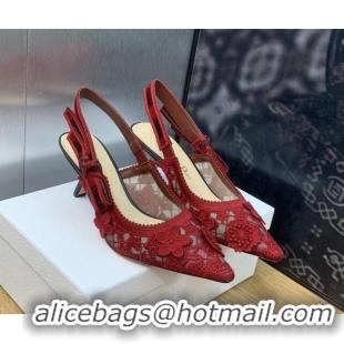 Best Grade Dior J'Adior Slingback Pumps 6.5cm in Transparent Mesh Embroidered with Red 3D Macramé-Effect D-Lace Motif  2