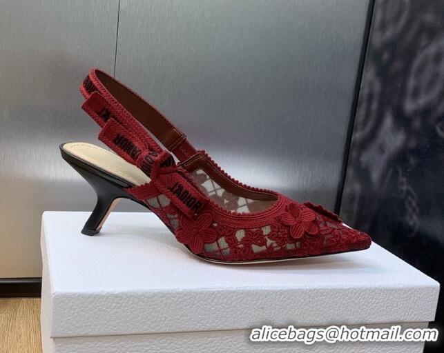 Best Grade Dior J'Adior Slingback Pumps 6.5cm in Transparent Mesh Embroidered with Red 3D Macramé-Effect D-Lace Motif  2