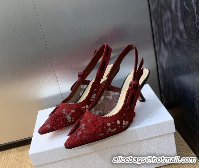 Best Grade Dior J'Adior Slingback Pumps 6.5cm in Transparent Mesh Embroidered with Red 3D Macramé-Effect D-Lace Motif  2