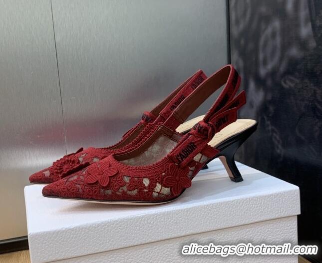 Best Grade Dior J'Adior Slingback Pumps 6.5cm in Transparent Mesh Embroidered with Red 3D Macramé-Effect D-Lace Motif  2