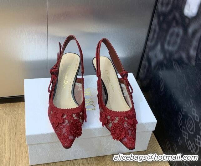 Best Grade Dior J'Adior Slingback Pumps 6.5cm in Transparent Mesh Embroidered with Red 3D Macramé-Effect D-Lace Motif  2