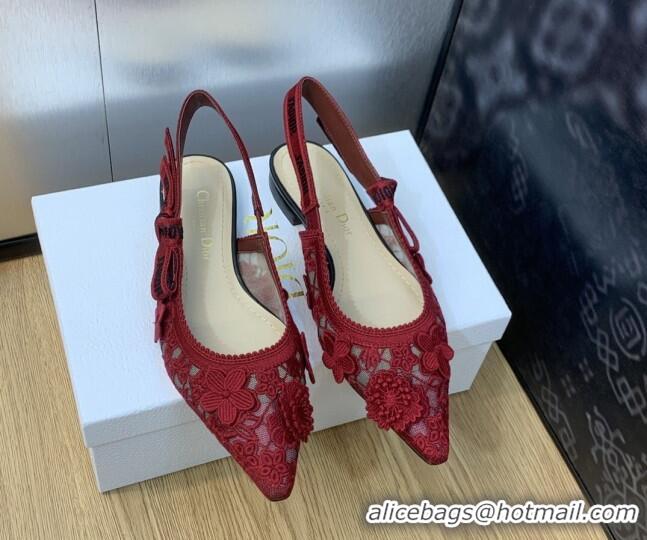 Purchase Dior J'Adior Slingback Ballet Flat in Transparent Mesh Embroidered with Red 3D Macramé-Effect D-Lace Motif 2020