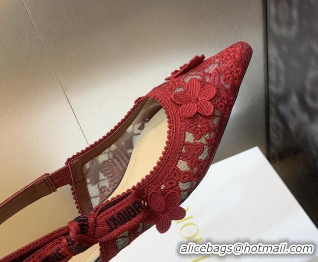 Purchase Dior J'Adior Slingback Ballet Flat in Transparent Mesh Embroidered with Red 3D Macramé-Effect D-Lace Motif 2020